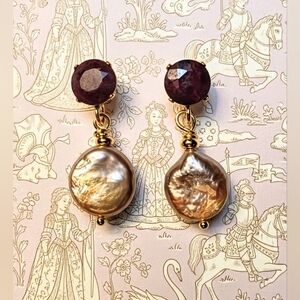 Genuine Raw Ruby 3 Carats & Pink Baroque Pearl Drop Down Earrings In Gold Plated